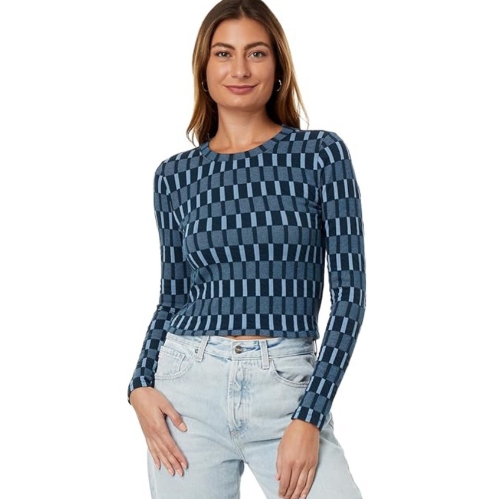 Madewell Fine Ribbed Supercrop Crewneck Long-Sleeve Tee Women's Size Small Blue